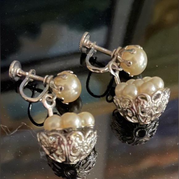 3 for $30 Vintage Silver Tone Filigree Basket Earrings with Faux Pearls - Picture 6 of 9
